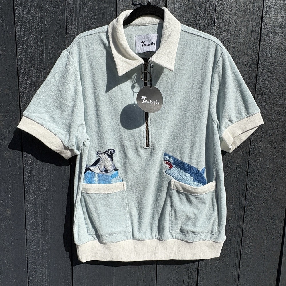 Tombolo Menage A Gnaw Terry Cabana Shirt Med 1/2 Zip Embroidered Shark Seals NEW